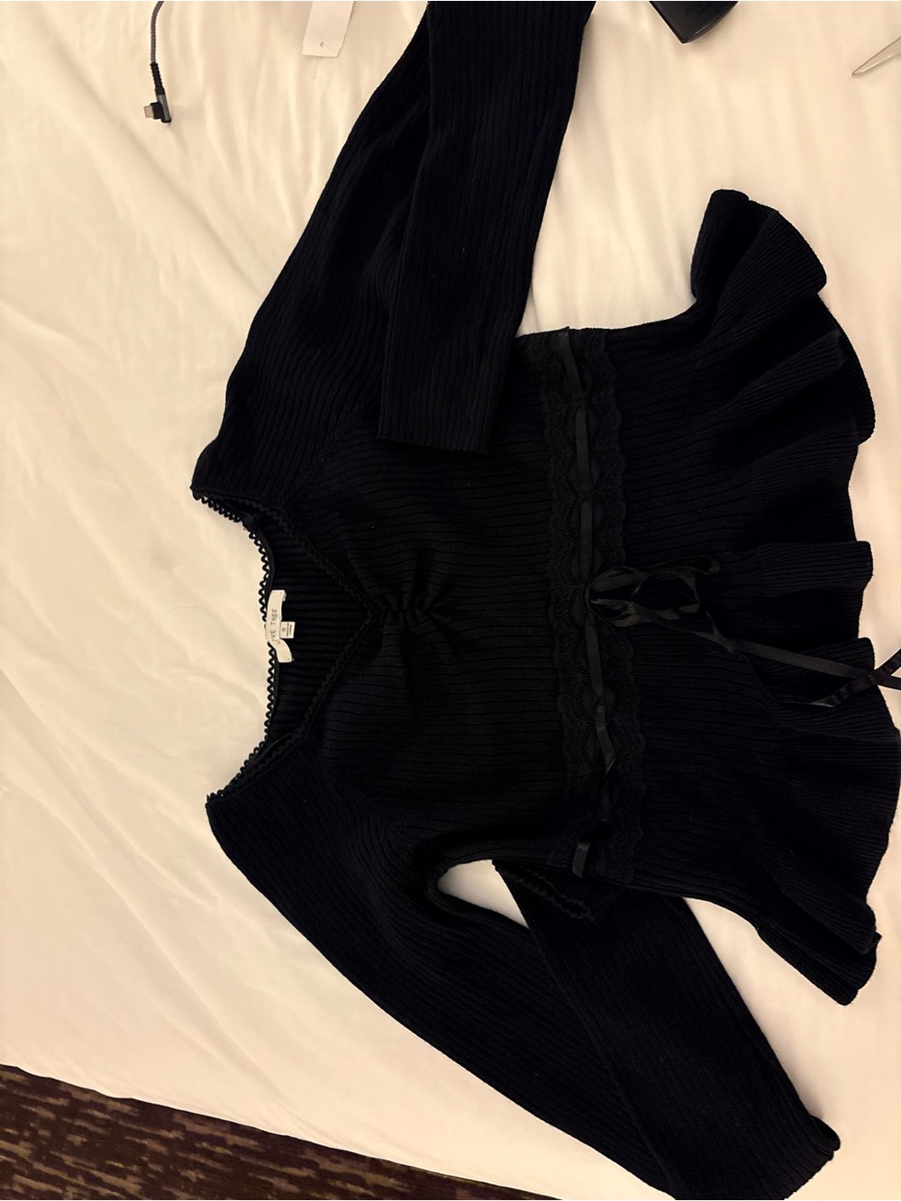 Love Tree Black Ribbed Peplum Sweater with Ribbon Waist Detail